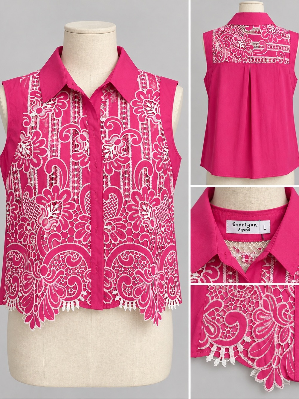 Everly Fuchsia Sleeveless Lace Overlay Button-Up Blouse